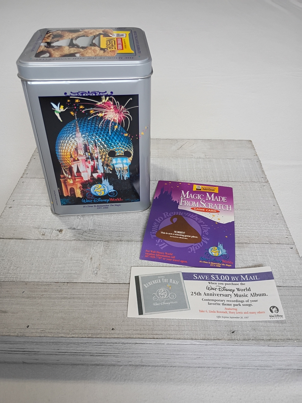 Vintage 1996 Walt Disney World 25th Anniversary Nestle Toll House Tin With Paper